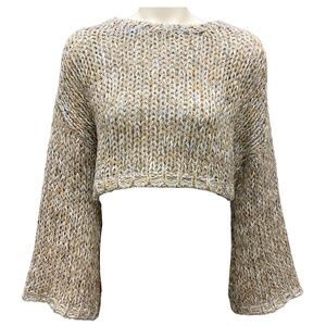BRUNELLO CUCINELLI TAUPE / LIGHT BLUE CROPPED METALLIC KNIT SWEATER